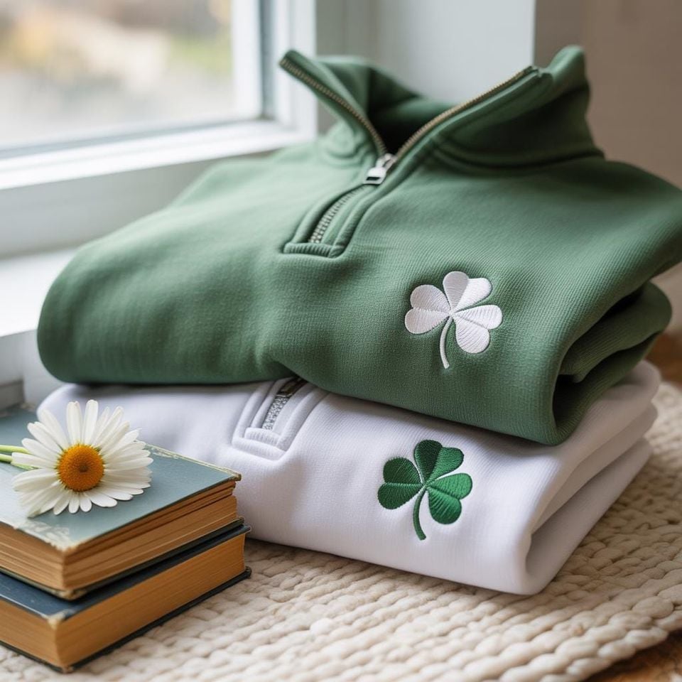 Embroidered Clover Quarter-Zip Sweatshirt, St. Patrick's Day Shirt