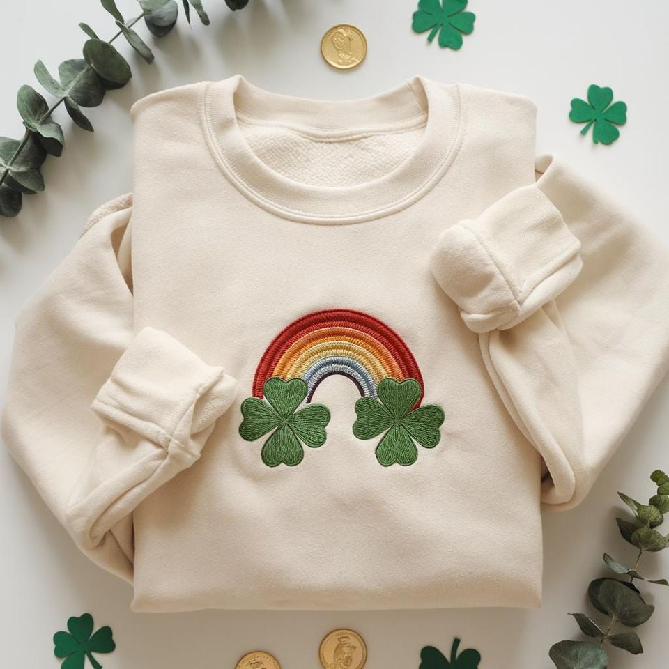 EMBROIDERED Retro Lucky Shamrock Rainbow Sweatshirt, Shamrock Shirt, St Patrick Day Shirt, Lucky Shamrock Sweater, Irish Day Rainbow Shirt