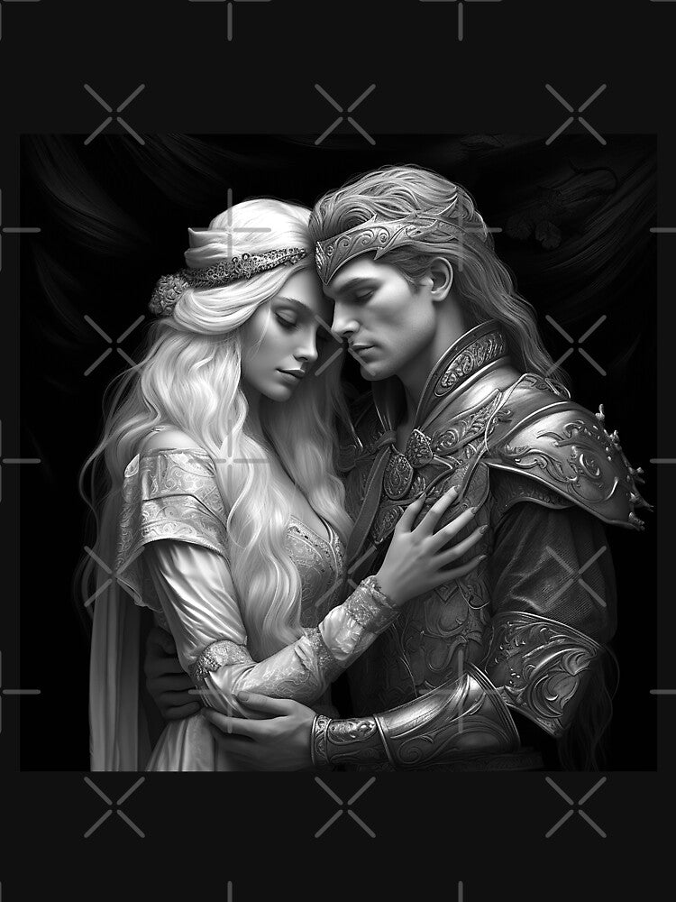 Romantic Elf Couple Black and White Fantasy Art by inkoutninja