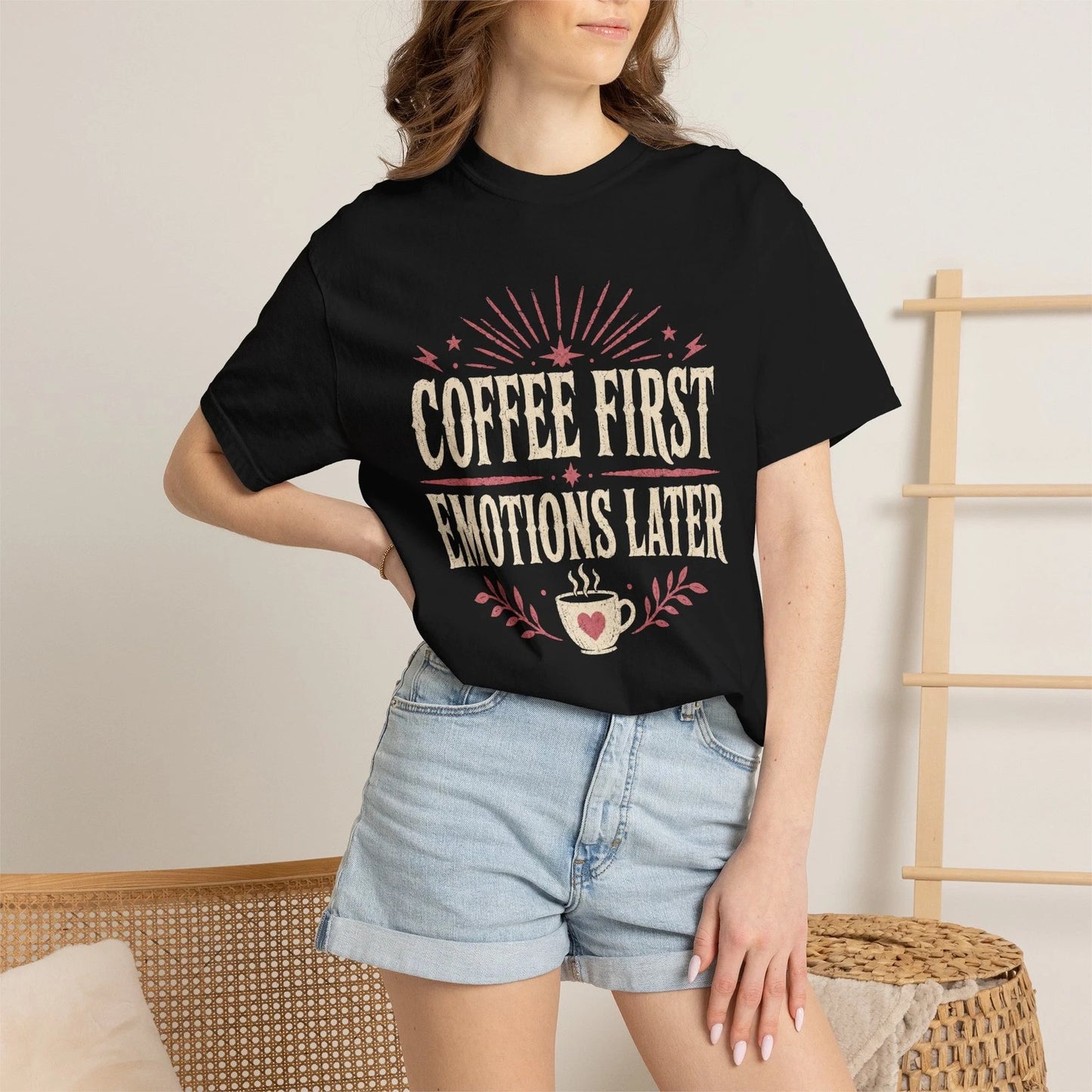 Coffee First Emotions Later T-shirt | Coffee Quote Tee