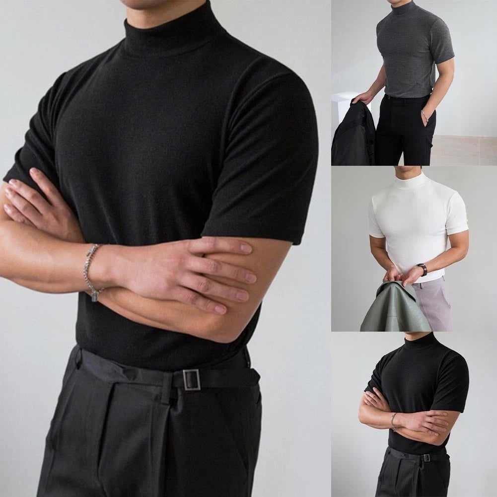 Men's Regular Length T Shirt Slim Fit Half High Neck Short Sleeve Solid Color