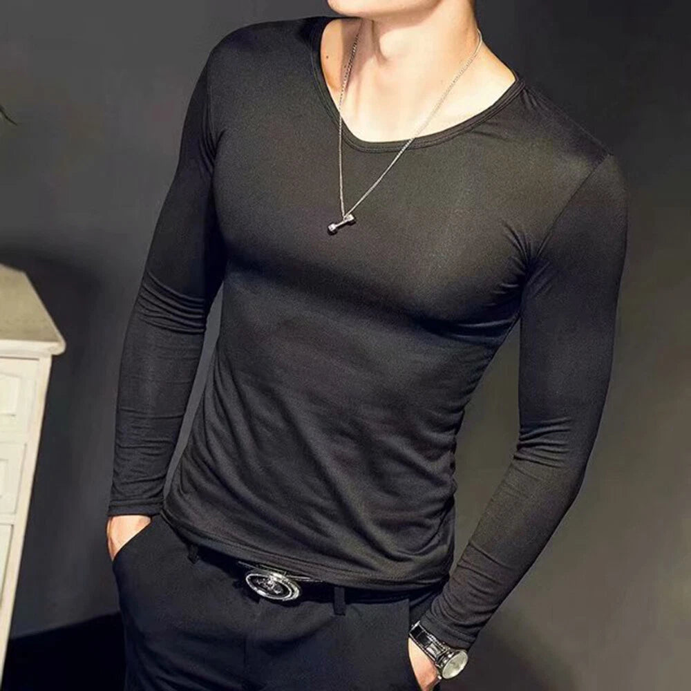 Men Long Sleeve V Neck T-shirt Tops Stretch Undershirt Pullover Top Tee Shirts