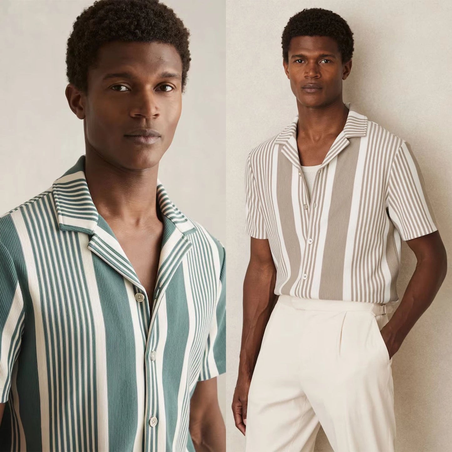 REISS Mens Alcazar Stripe Ribbed Cuban Collar Shirt Designer Short Sleeved