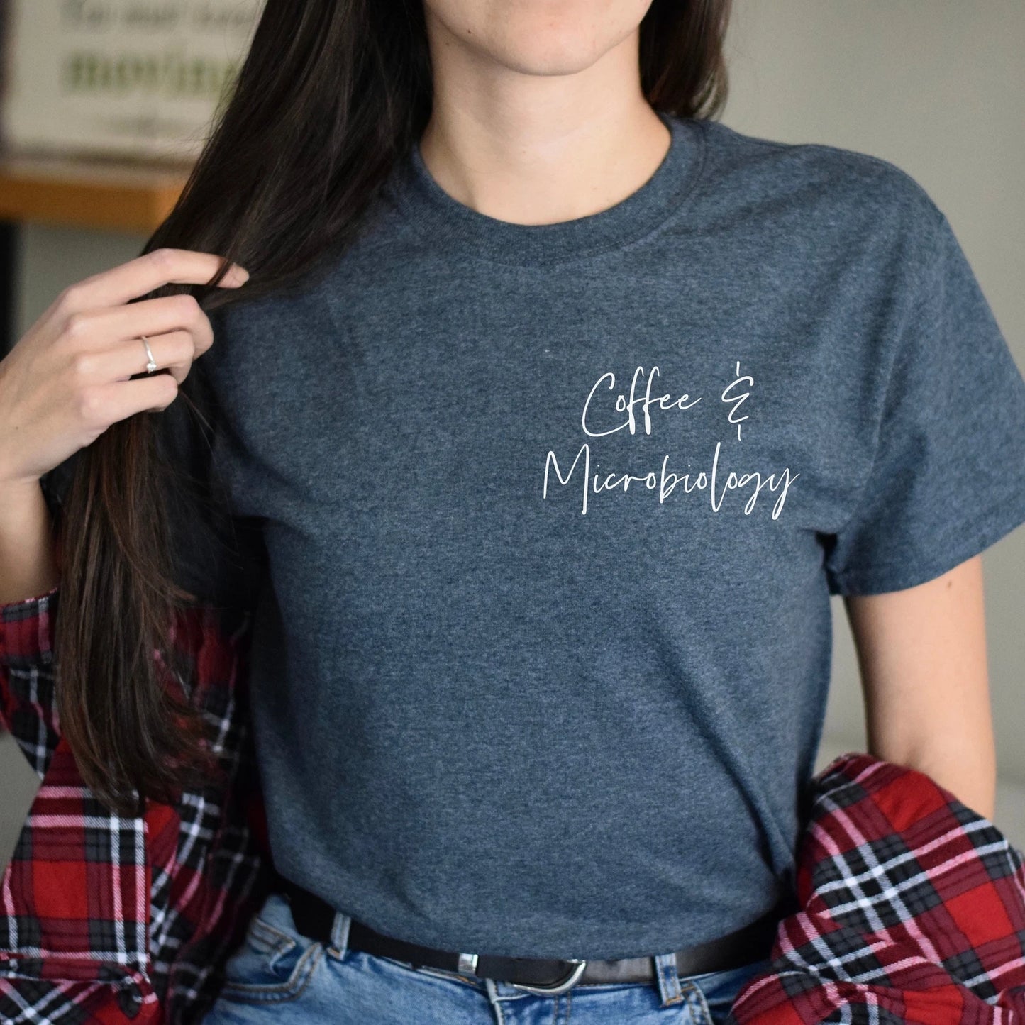 Coffee and microbiology pocket Unisex T-shirt Microbiologist tee Black Navy Dark