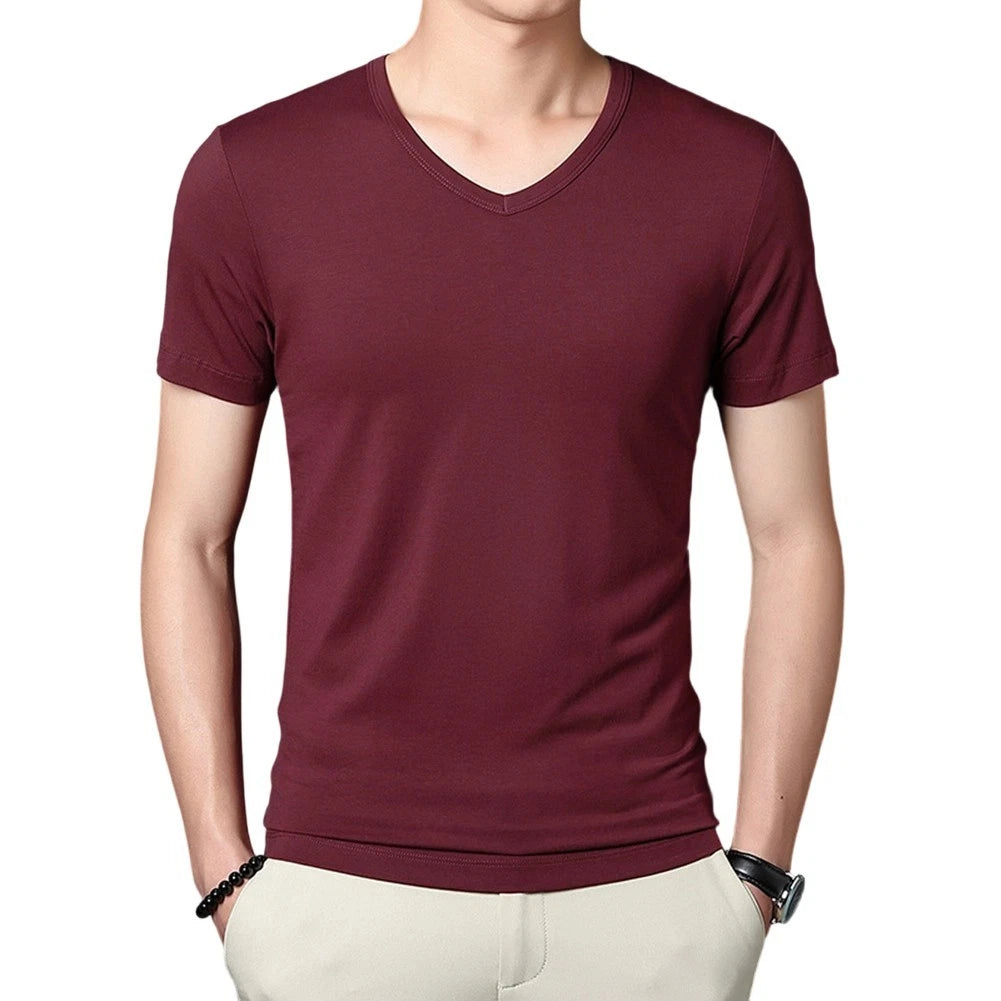 Solid Color Slim Fit Men's Short Sleeve V Neck T Shirt Pullover Undershirt A