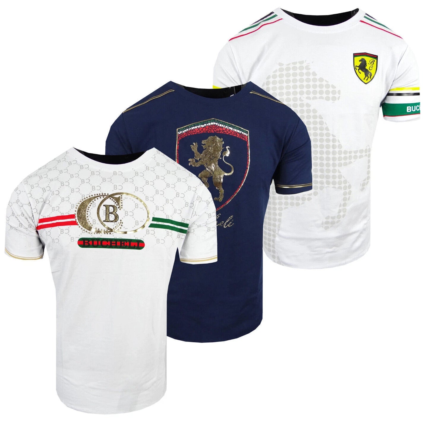 Men T-Shirt Bucheli Italian Horse Sport Logo Stripe Gold Lion Slim Fit Crew Neck