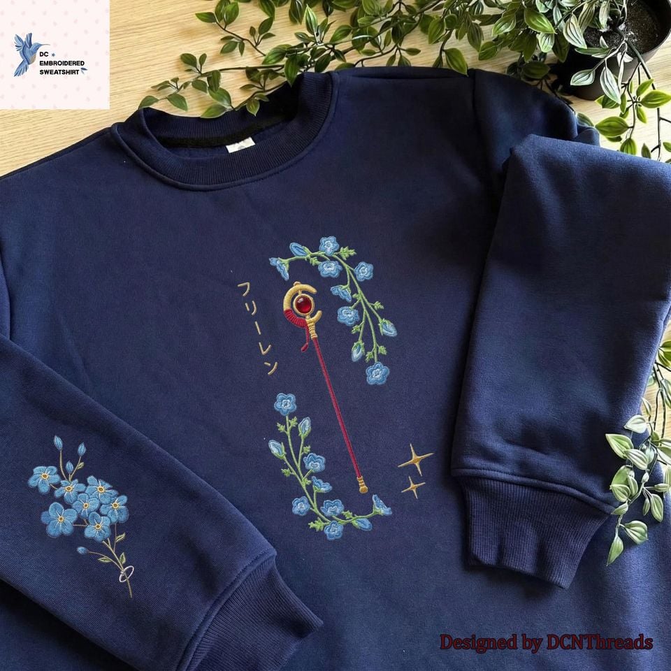 Frieren Inspired Embroidered Sweatshirt, Mage Staff Floral Anime Crewneck
