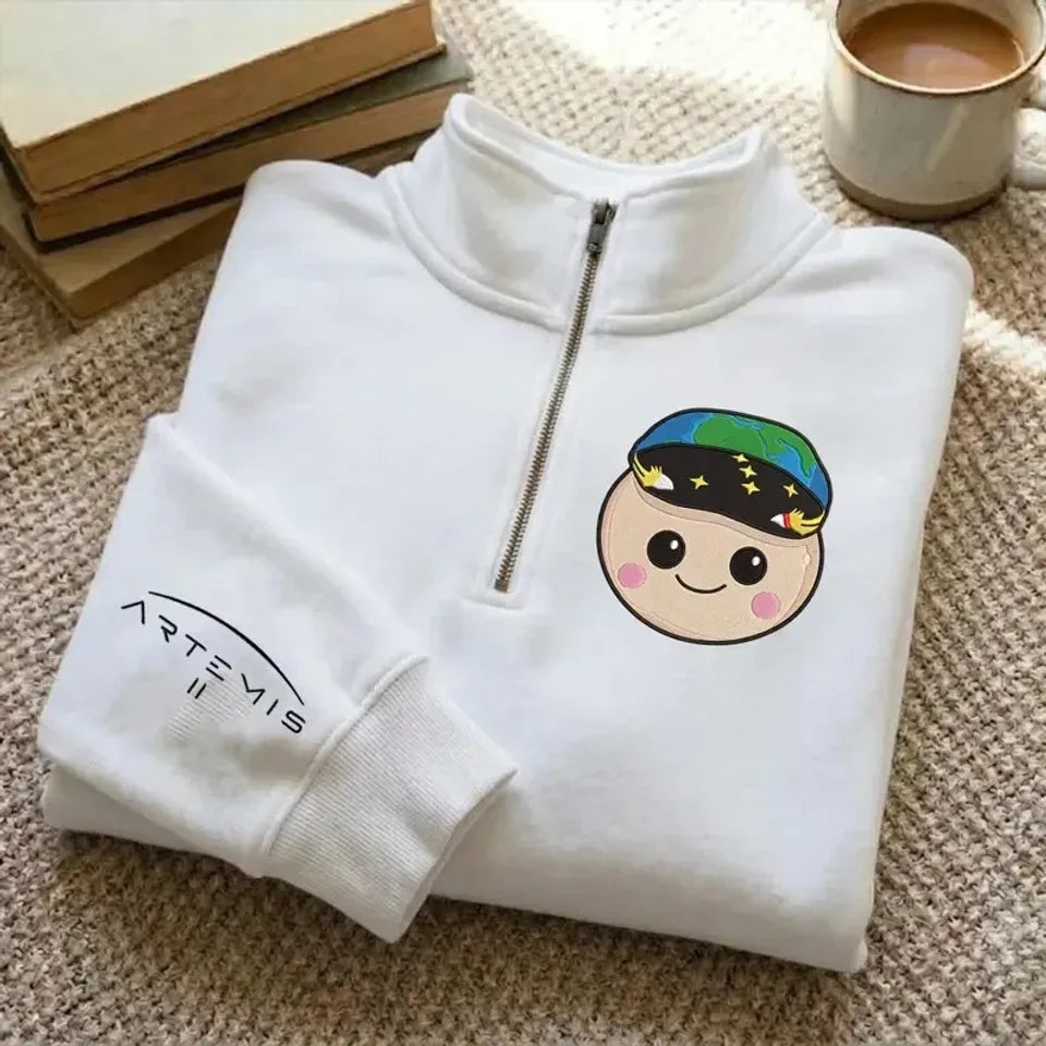Embroidered Artemis II Copy Moon Quarter Zip Sweater, Space Exploration Pull
