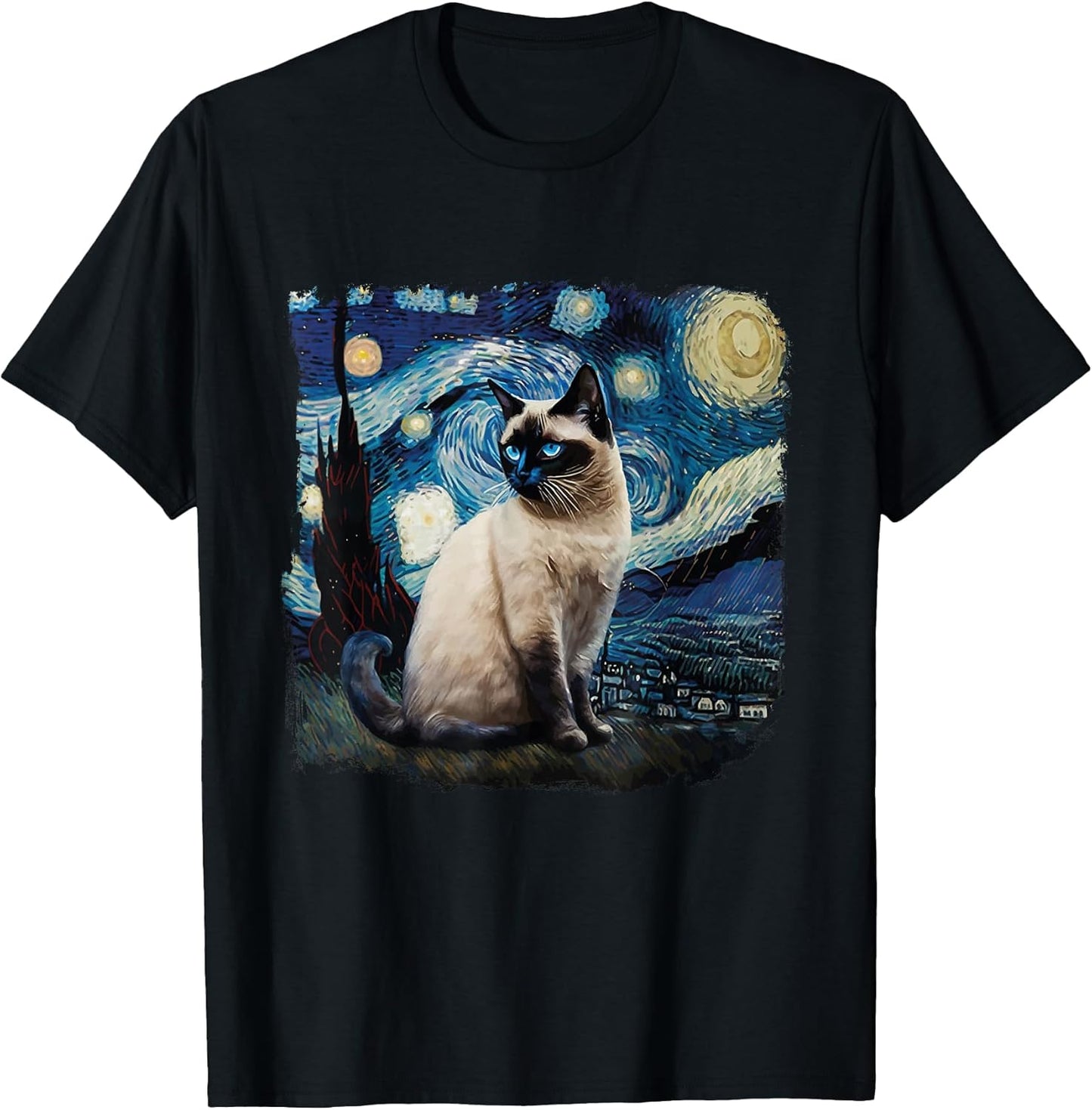 Cute Van Gogh Starry Night Cat Siamese Cat Lover Funny T-Shirt