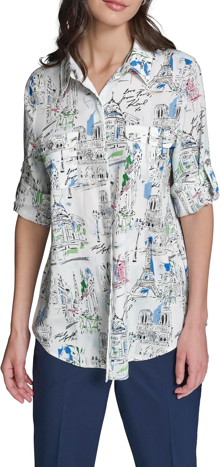 Women's Long Sleeve Collared Neck All Over Print Button Down