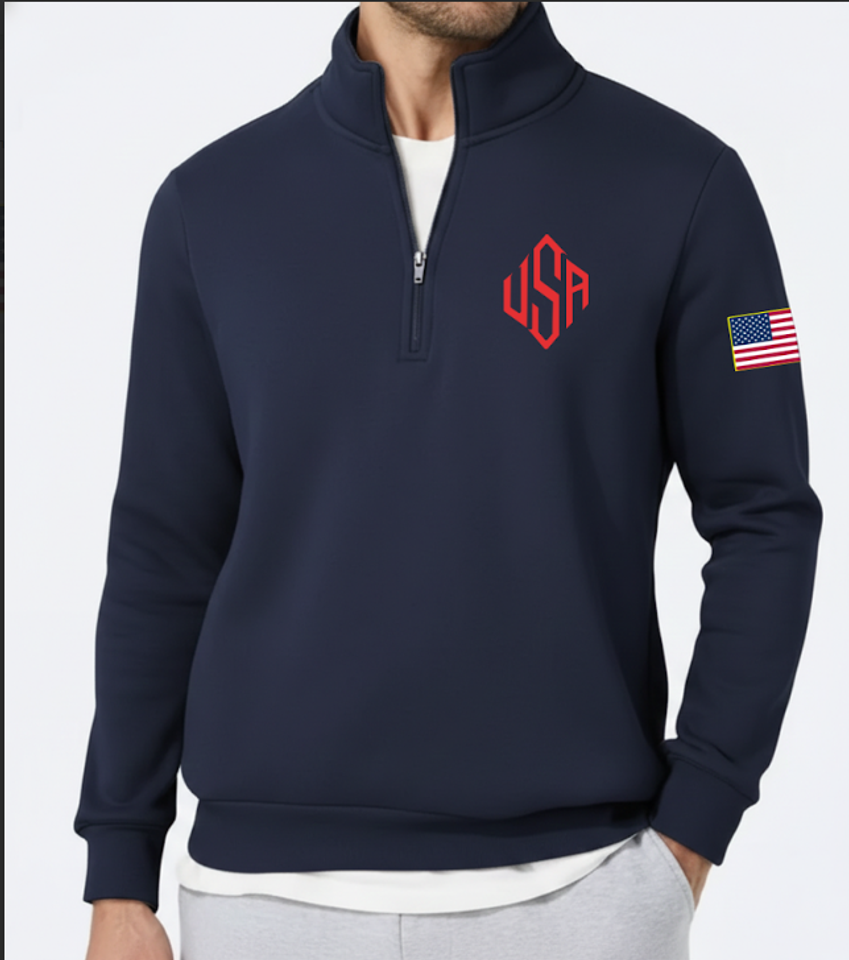 Embroidered Quarter Zip Sweater with American Flag, Veteran Gift, USA Pride