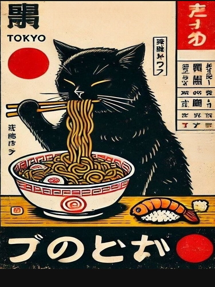 Black cat eating ramen by Creativnani