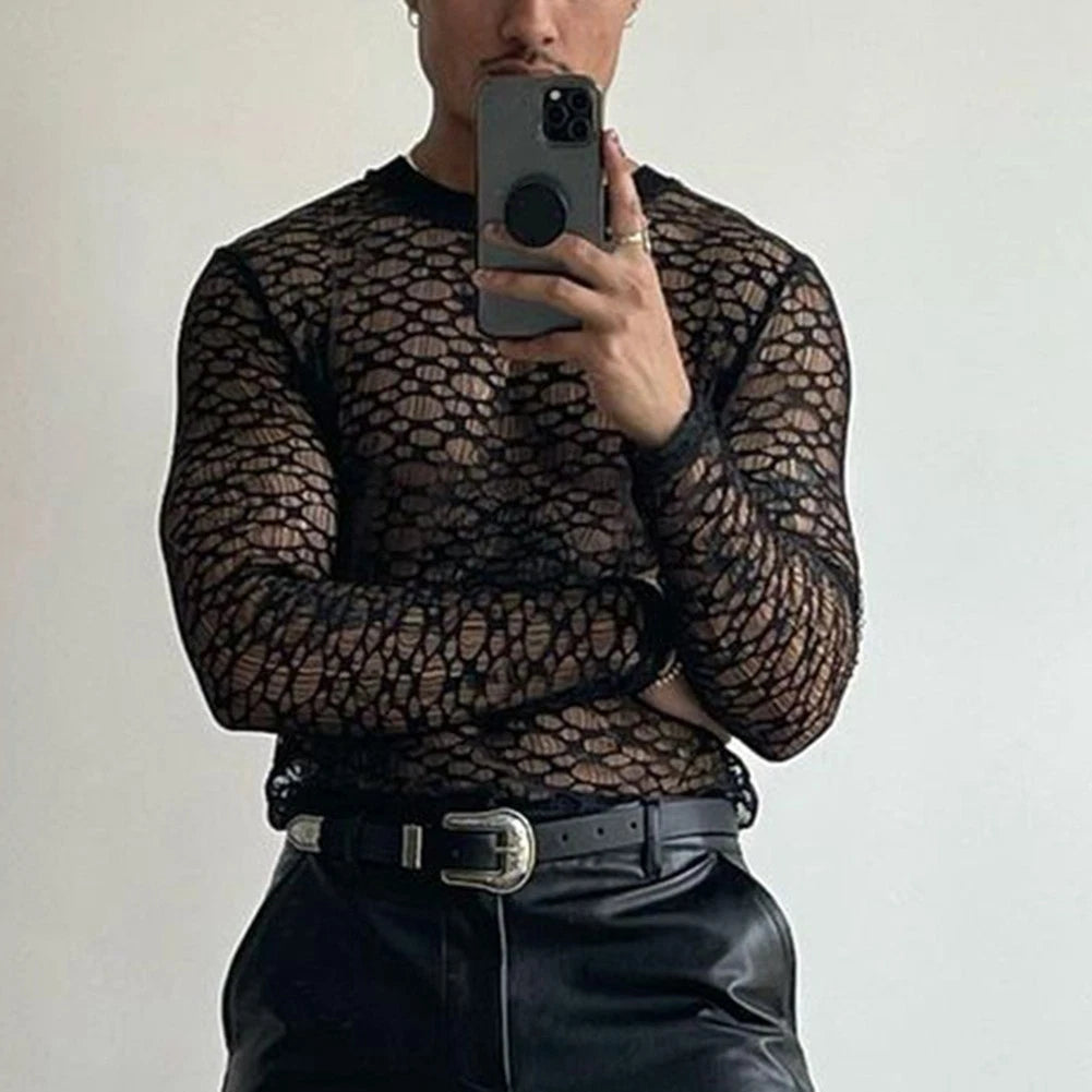 Hot For Layering Men Mesh Tee Hollow Out Top High Street Style Mesh Fabric