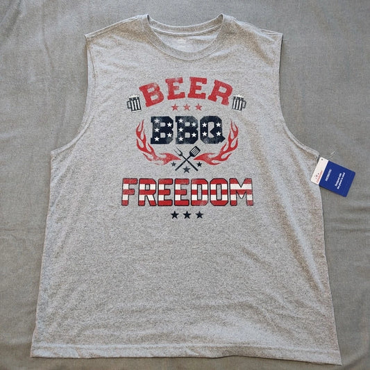 "Beer, BBQ, Freedom" - Gray/Red/White/Blue - Patriotic Muscle Shirt - Men's
