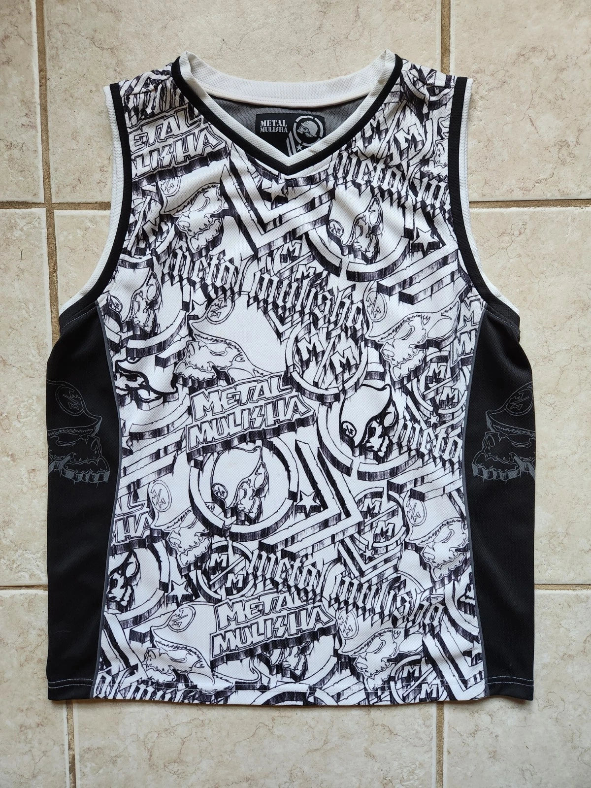 Metal Mulisha Men’s XL All-Over Print Skull Jersey Tank - White/Black Y2K Moto