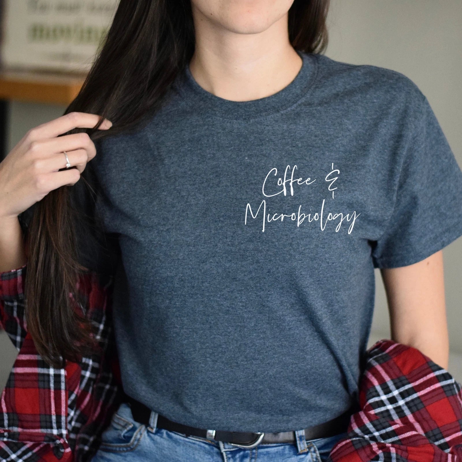 Coffee and microbiology pocket Unisex T-shirt Microbiologist tee Black Navy Dark