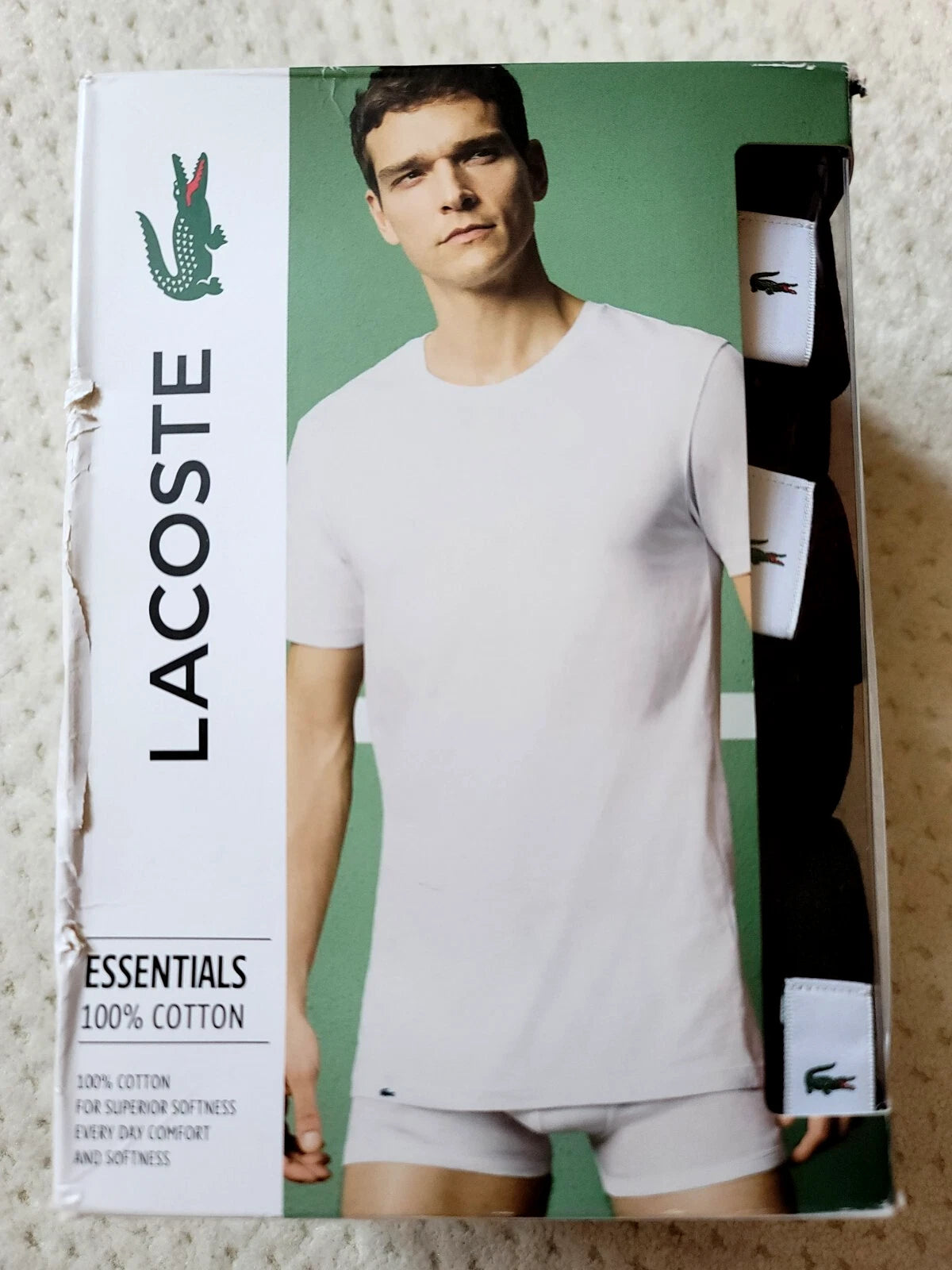 NIB LACOSTE Essentials 3 PACK BLACK Logo Soft Cotton Crew T-Shirts, MEDIUM