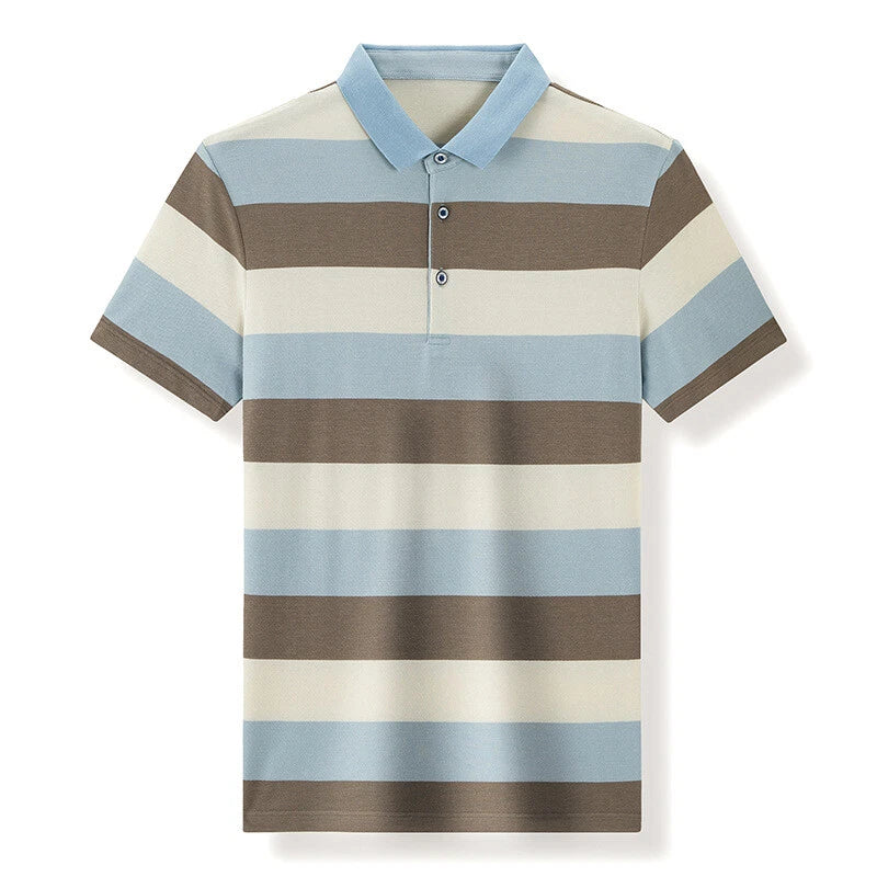 Men Wide Striped Short Sleeve Golf Shirt Front Button Casual Tee T-Shirt Top