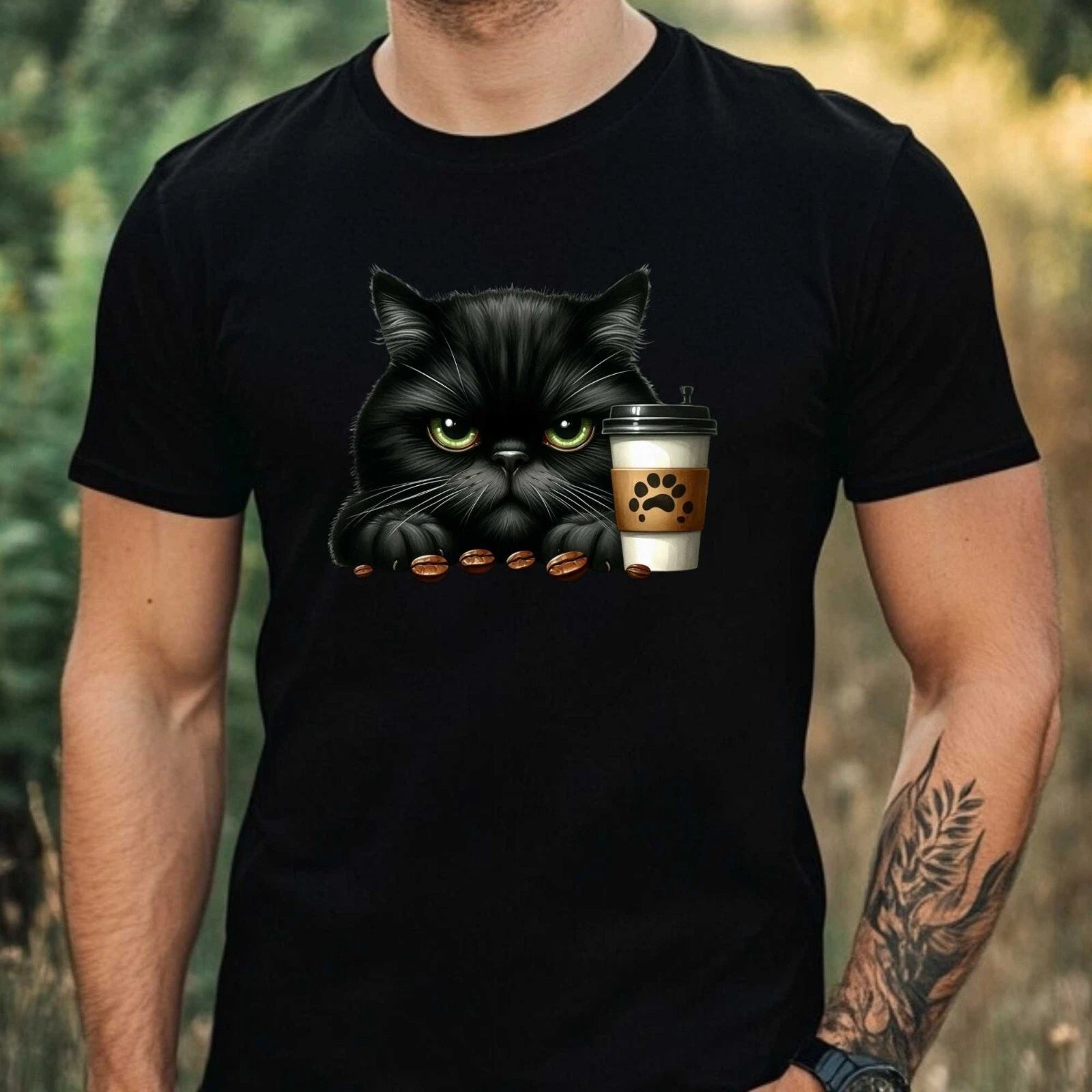 Mens Grumpy Black Cat Print Cotton T-Shirt Size XS to 5XL