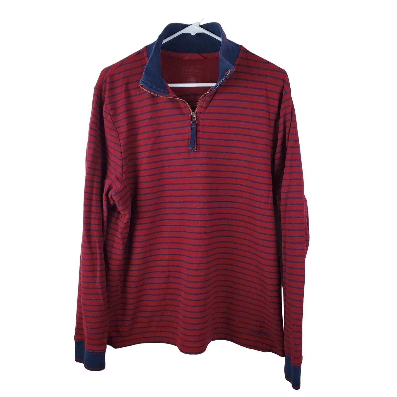 L.L. Bean Shirt Mens Large Red Blue Cotton Striped 1/4 Zip Gorpcore Minimalist