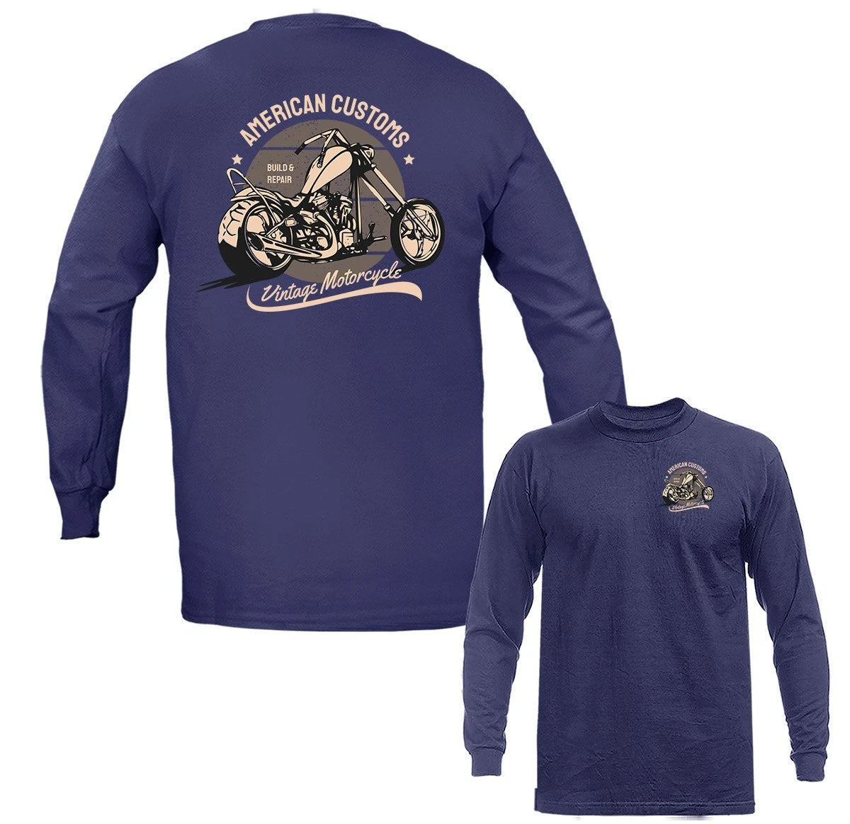 American Customs Bikers Vintage Classic Custom Motorcycle Long Sleeve T-Shirt