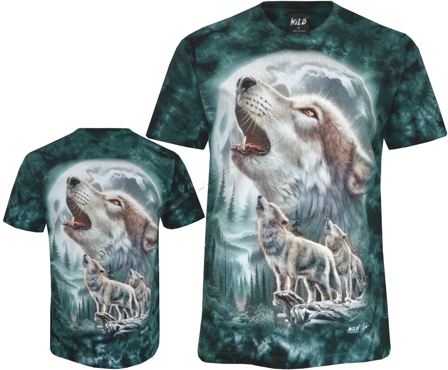 Tie Dye T-shirt Wolves Howling Under Night Sky Forest Moon Glow in Dark by Wild