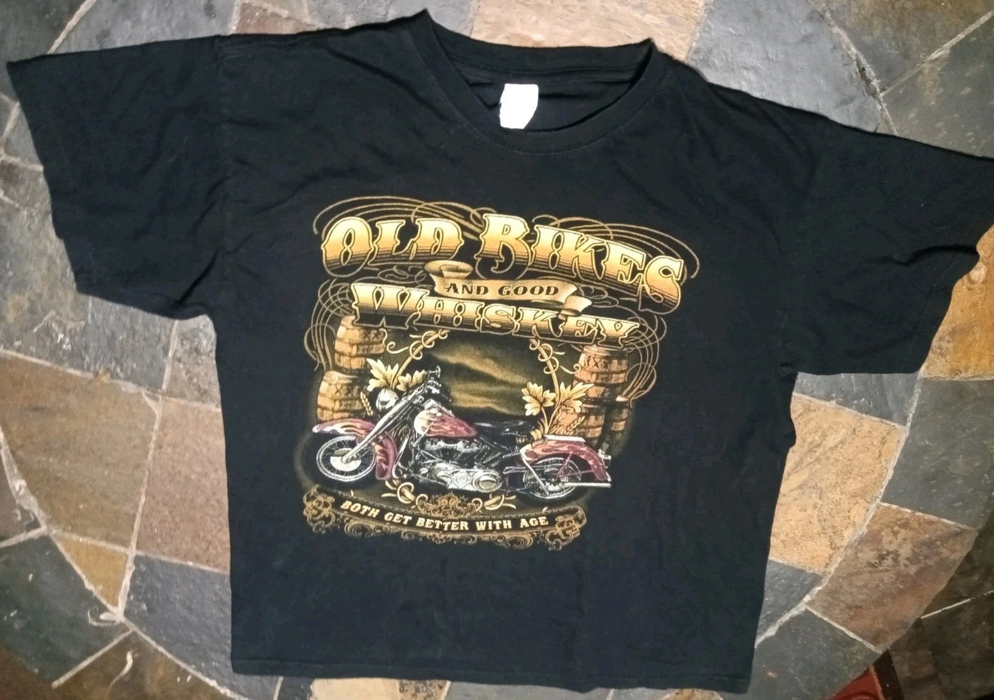 Motorcycle Y2KGraphic Tshirt Mens LG Old Bikes& Good Whiskey Get Better wth Age