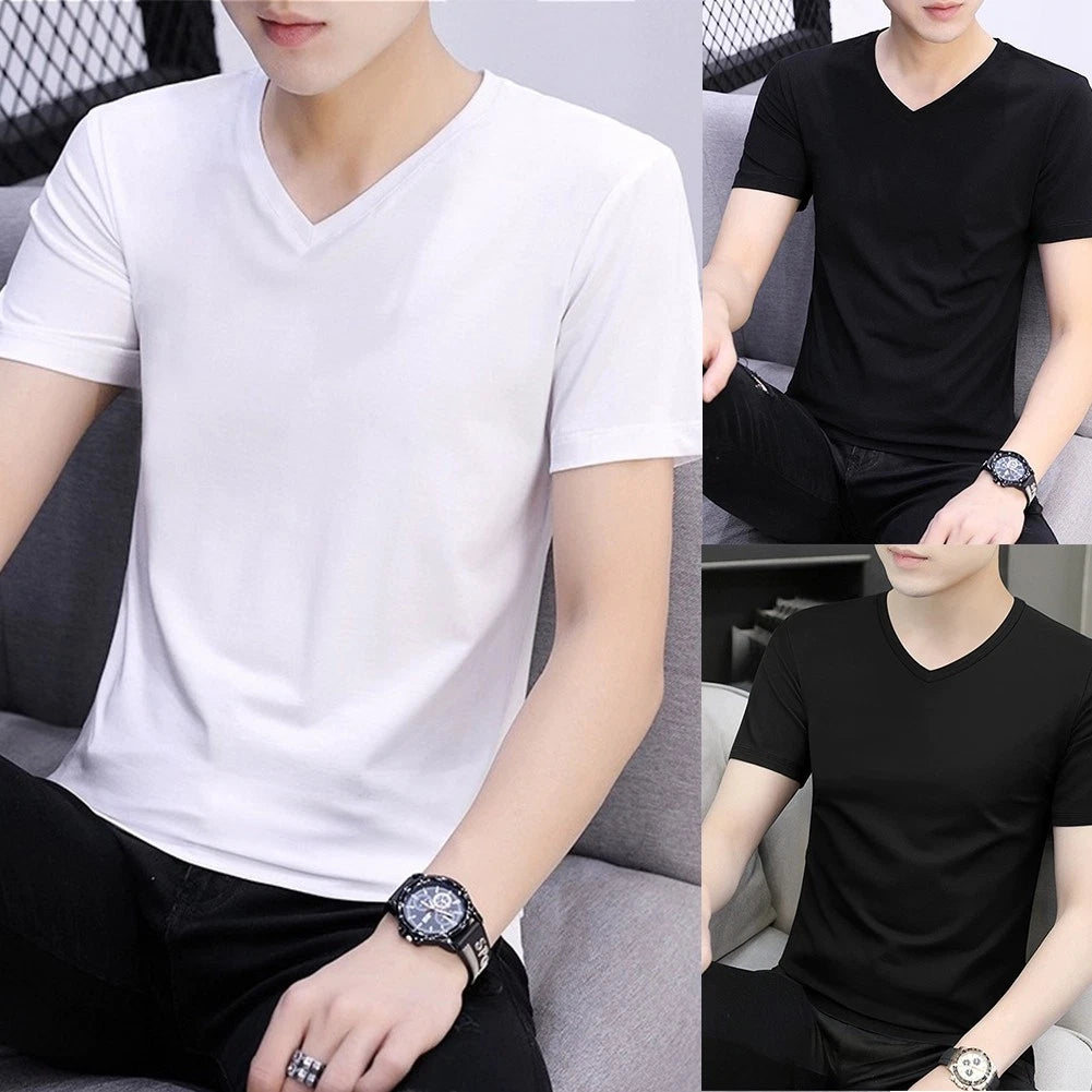 Hot Men's Slim Fit V Neck Short Sleeve Tee in Solid Colors for Casual Wear