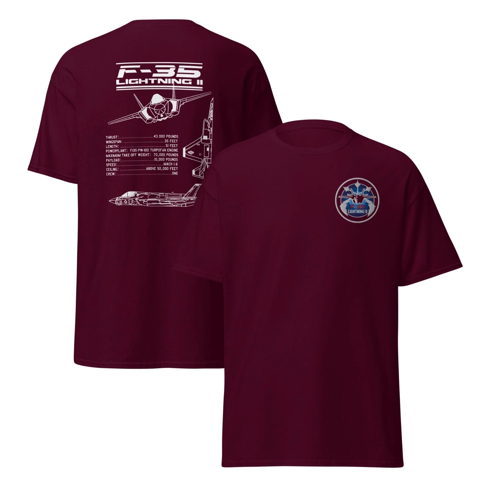 F-35 Lightning II Fighter Jet T-Shirt Embroidered Logo and Infographic Design