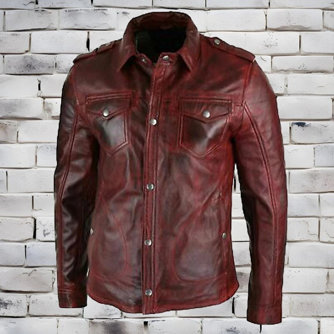 NEW Basic Men Genuine Red Lambskin Real Leather Shirt Handmade Casual Wear Coat