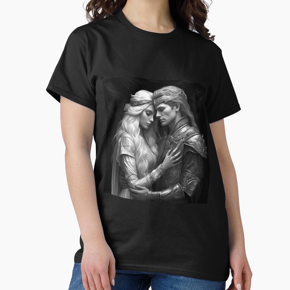 Romantic Elf Couple Black and White Fantasy Art by inkoutninja